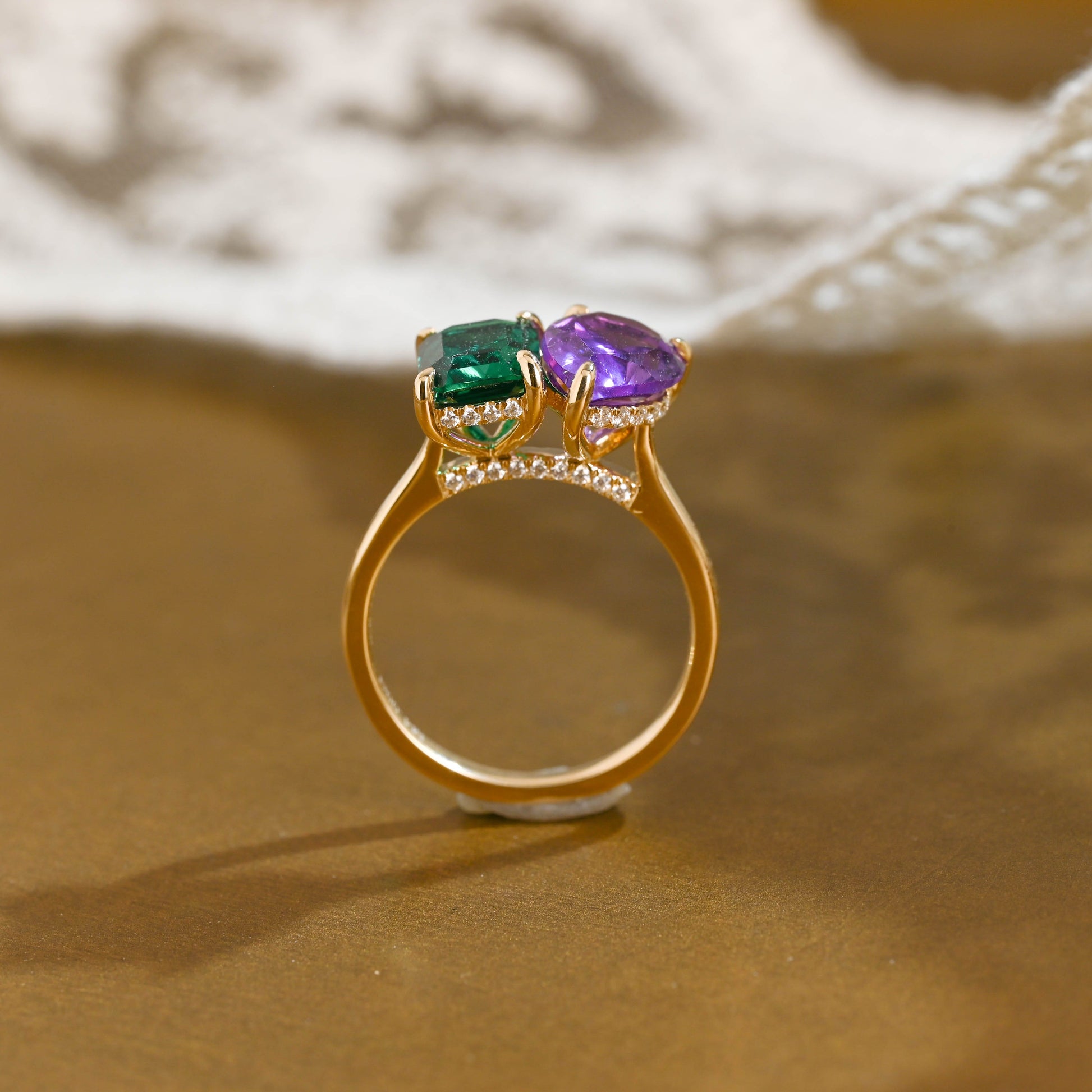 SquareJewelry emerald cut lab grown emerald engagement ring Solid Gold Toi et Moi Hidden Halo Lab Grown Emerad & Pear Cut Amethyst Engagement Ring
