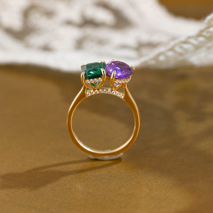 SquareJewelry emerald cut lab grown emerald engagement ring Solid Gold Toi et Moi Hidden Halo Lab Grown Emerad & Pear Cut Amethyst Engagement Ring