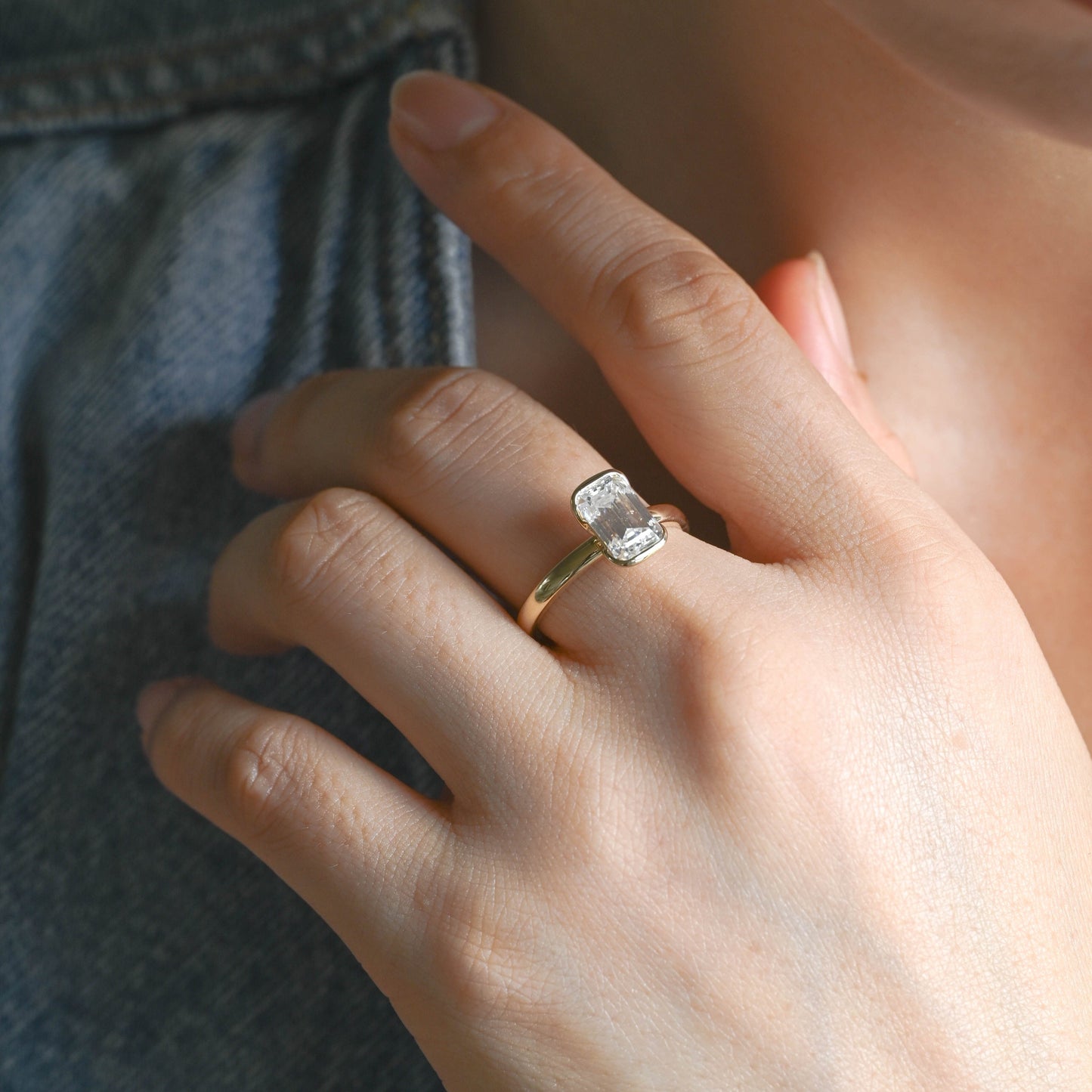 SquareJewelry emerald cut moissanite engagement ring Solid Gold 2.5mm Width Half Bezel Emerald Cut Moissanite Engagement Ring