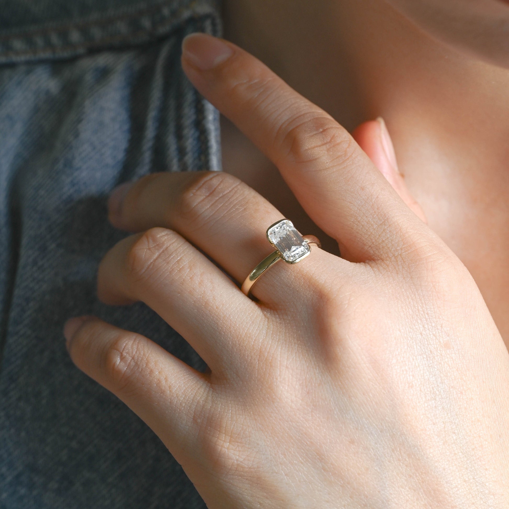 SquareJewelry emerald cut moissanite engagement ring Solid Gold 2.5mm Width Half Bezel Emerald Cut Moissanite Engagement Ring