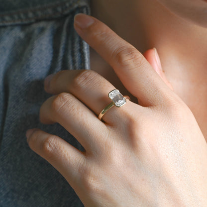 SquareJewelry emerald cut moissanite engagement ring Solid Gold 2.5mm Width Half Bezel Emerald Cut Moissanite Engagement Ring