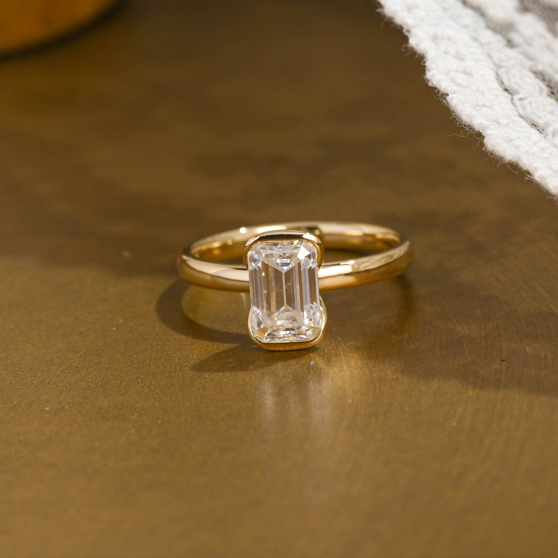 SquareJewelry emerald cut moissanite engagement ring Solid Gold 2.5mm Width Half Bezel Emerald Cut Moissanite Engagement Ring