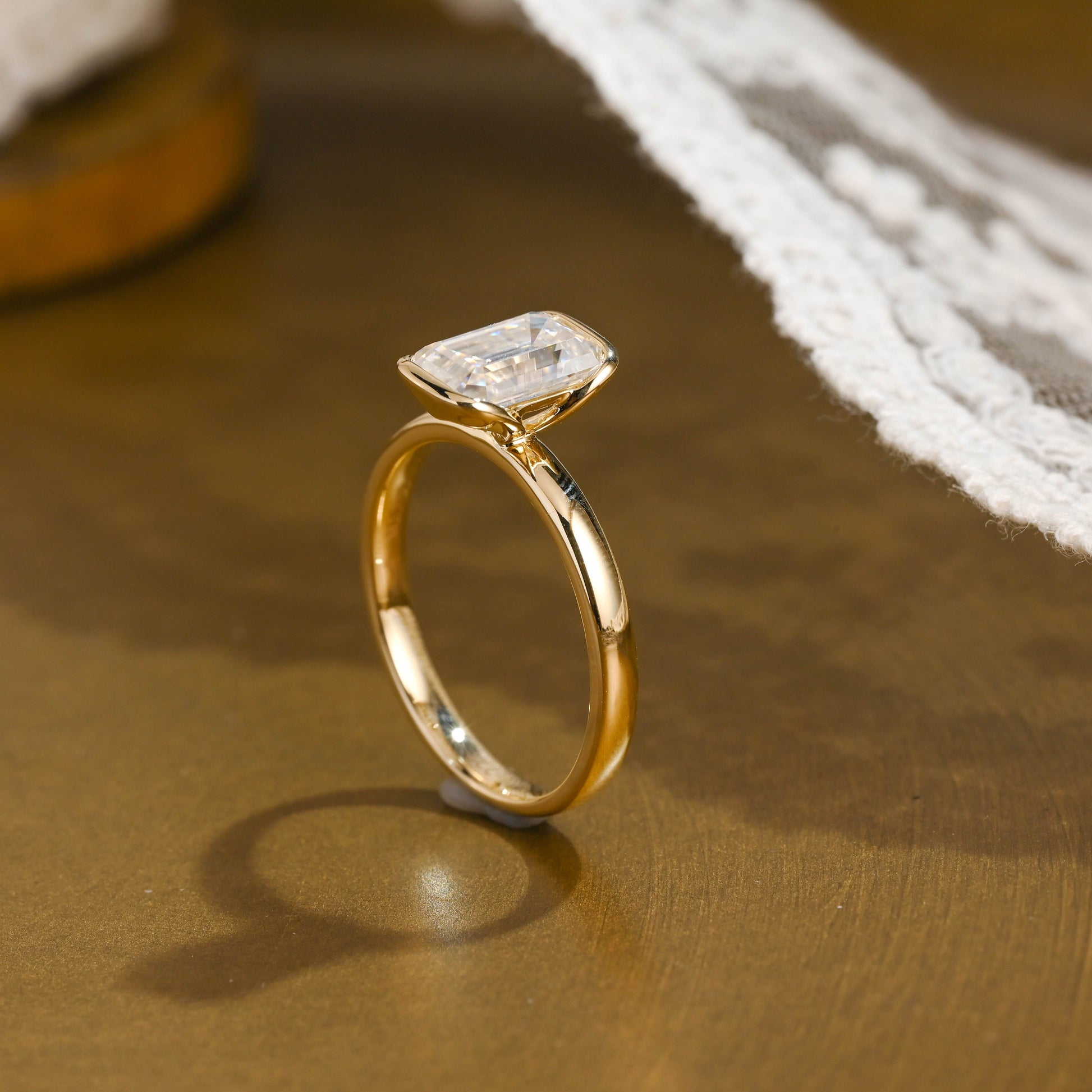 SquareJewelry emerald cut moissanite engagement ring Solid Gold 2.5mm Width Half Bezel Emerald Cut Moissanite Engagement Ring