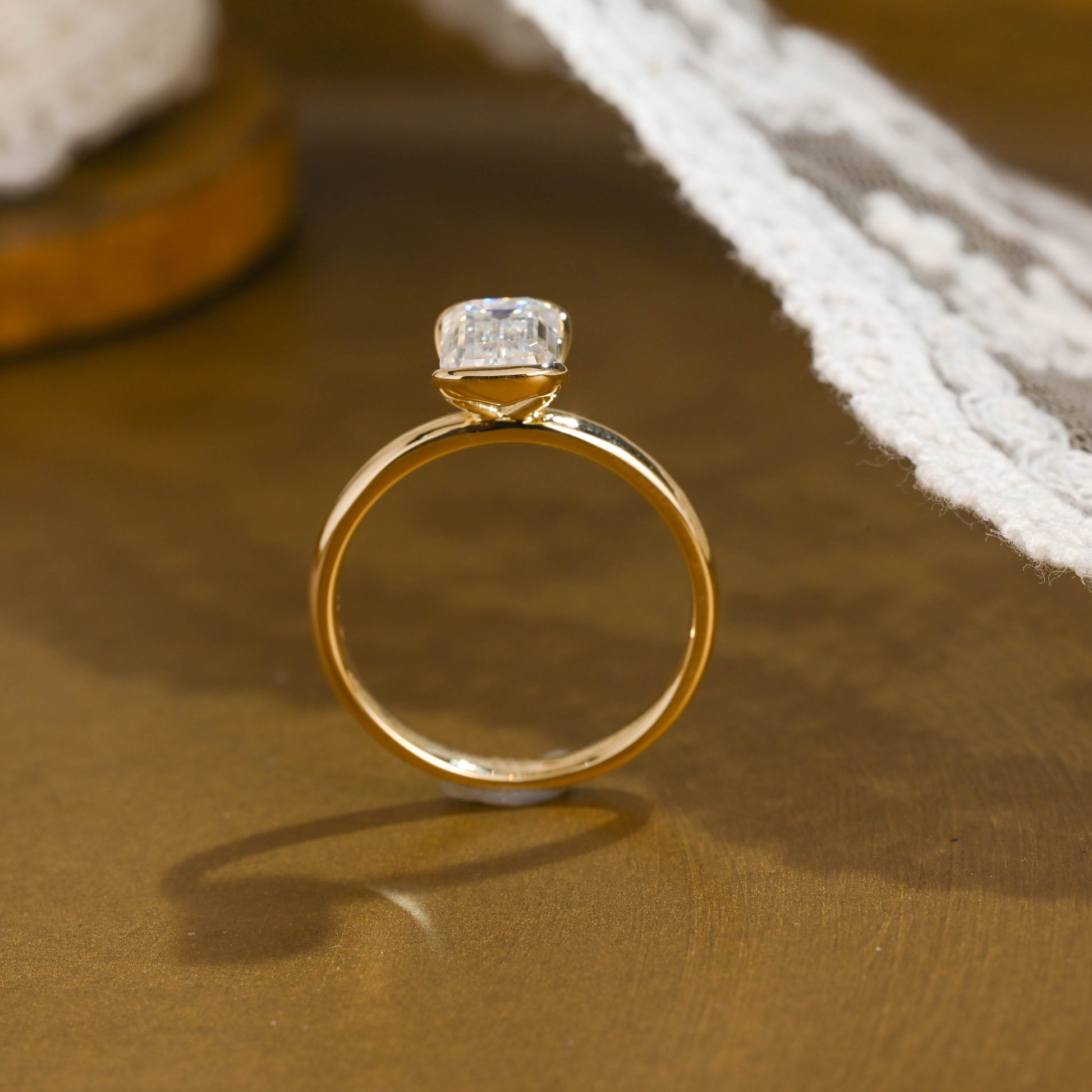 SquareJewelry emerald cut moissanite engagement ring Solid Gold 2.5mm Width Half Bezel Emerald Cut Moissanite Engagement Ring