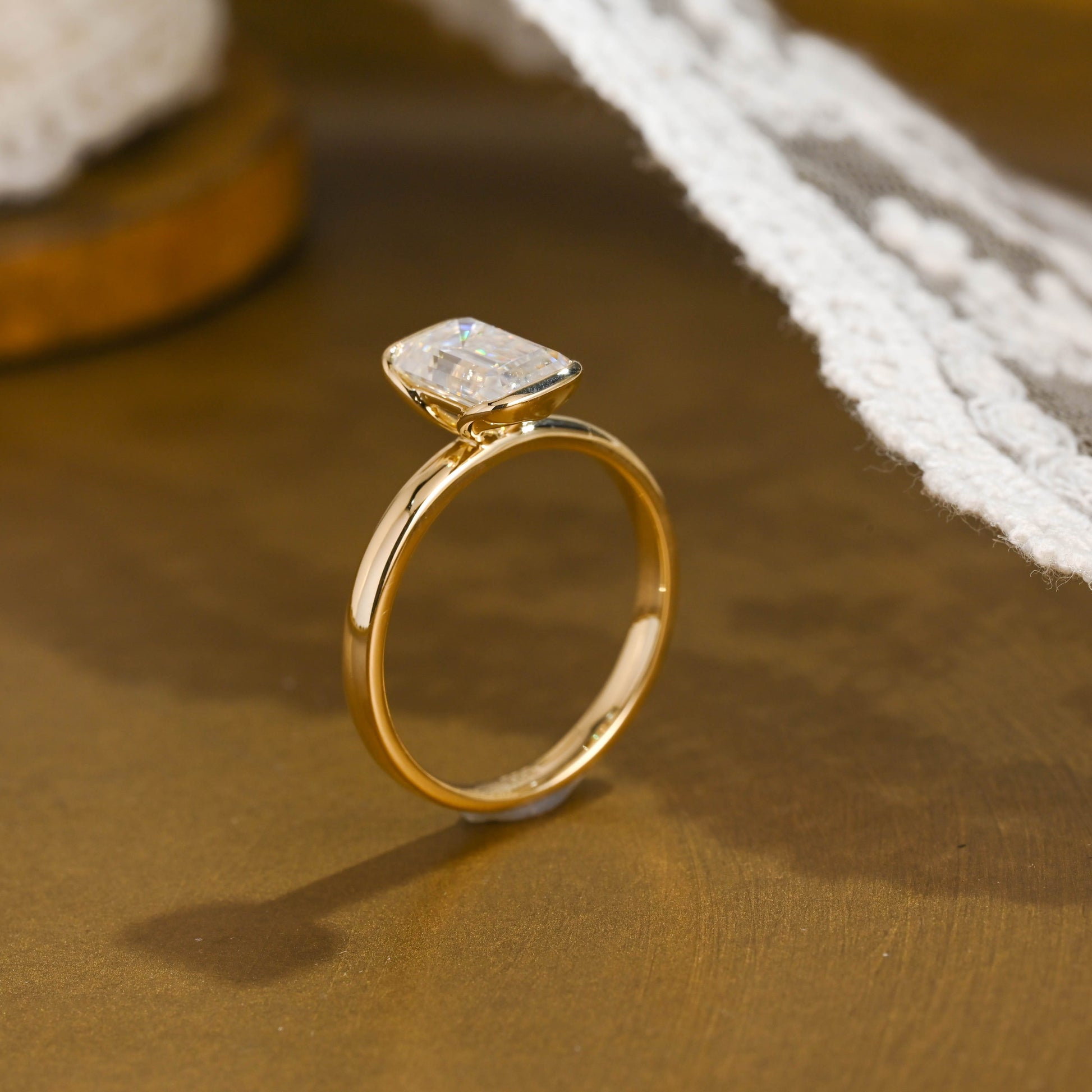 SquareJewelry emerald cut moissanite engagement ring Solid Gold 2.5mm Width Half Bezel Emerald Cut Moissanite Engagement Ring