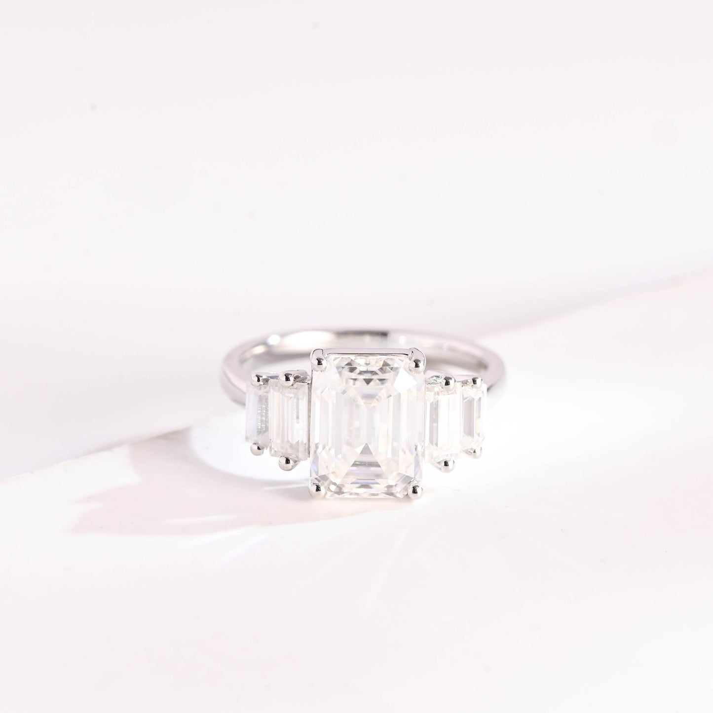 SquareJewelry emerald cut moissanite engagement ring Solid Gold Baguette Accents Emerald Cut Moissanite Engagement Ring