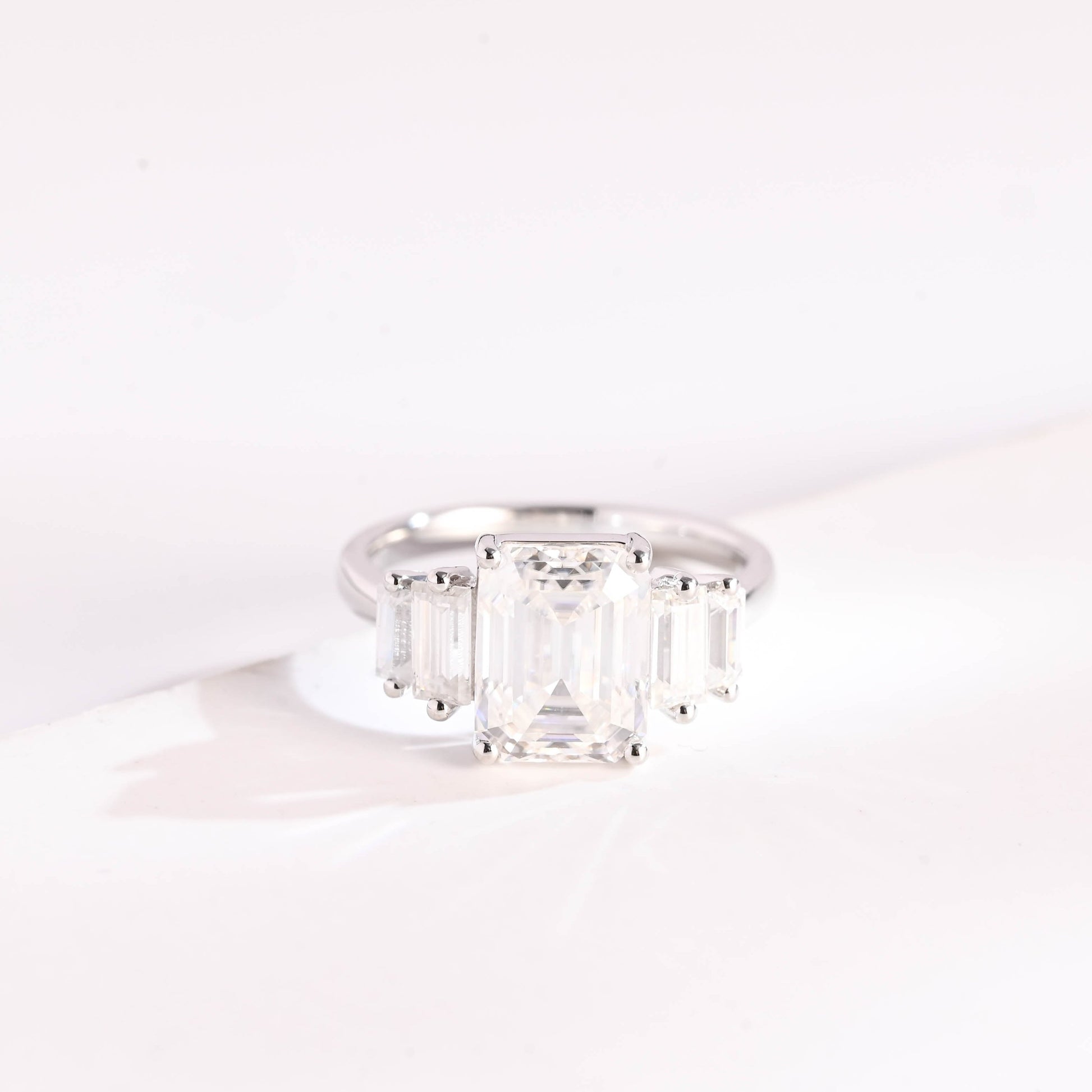 SquareJewelry emerald cut moissanite engagement ring Solid Gold Baguette Accents Emerald Cut Moissanite Engagement Ring