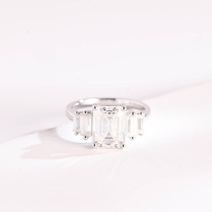 SquareJewelry emerald cut moissanite engagement ring Solid Gold Baguette Accents Emerald Cut Moissanite Engagement Ring