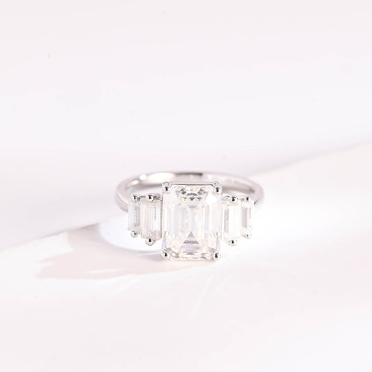 SquareJewelry emerald cut moissanite engagement ring Solid Gold Baguette Accents Emerald Cut Moissanite Engagement Ring