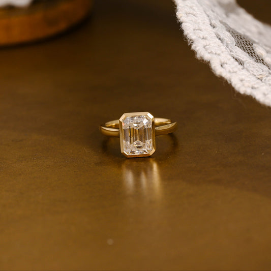 SquareJewelry emerald cut moissanite engagement ring Solid Gold Bezel Emerald Cut Moissanite Engagement Ring