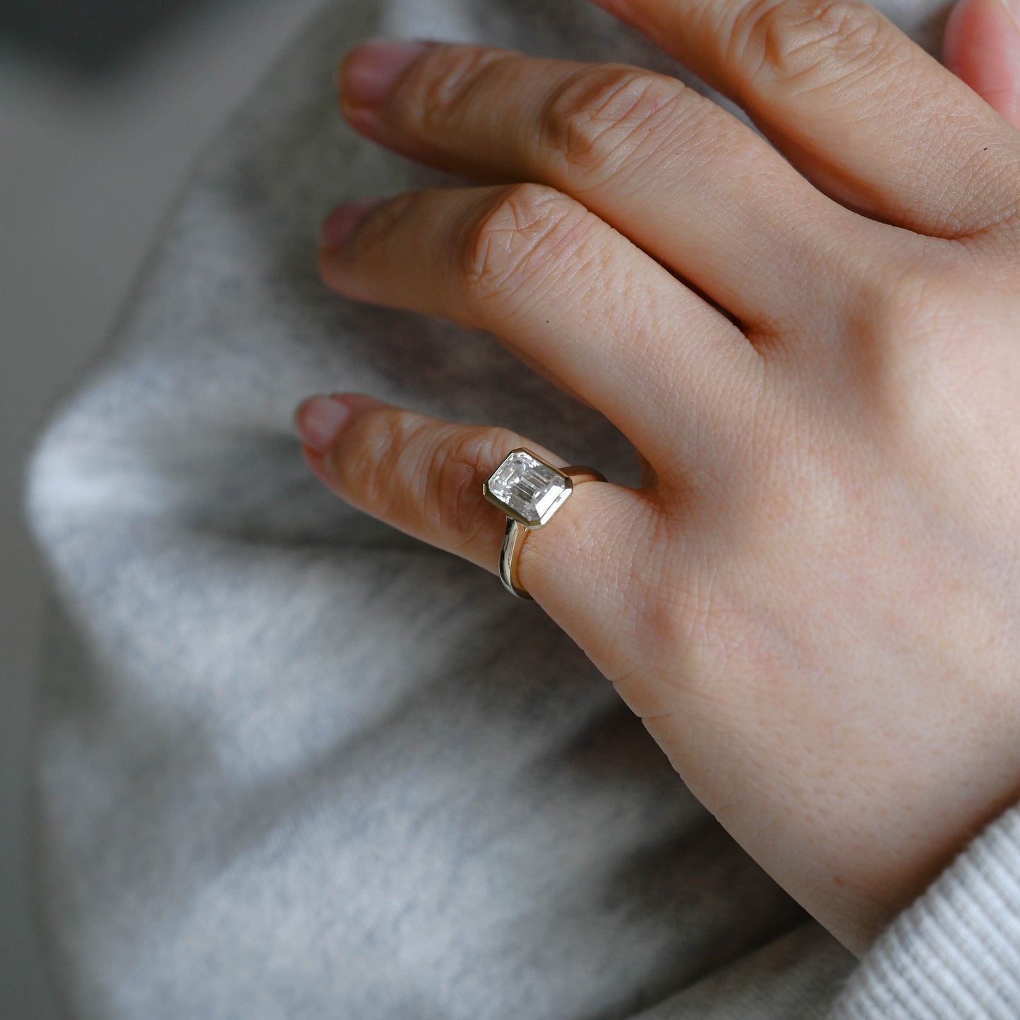 SquareJewelry emerald cut moissanite engagement ring Solid Gold Bezel Emerald Cut Moissanite Engagement Ring