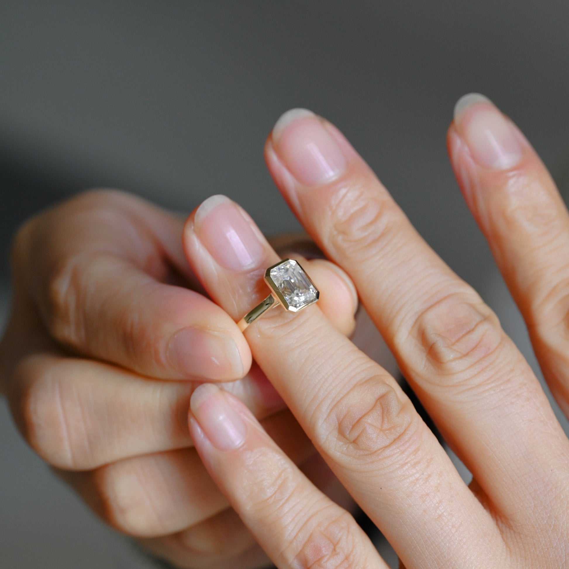SquareJewelry emerald cut moissanite engagement ring Solid Gold Bezel Emerald Cut Moissanite Engagement Ring