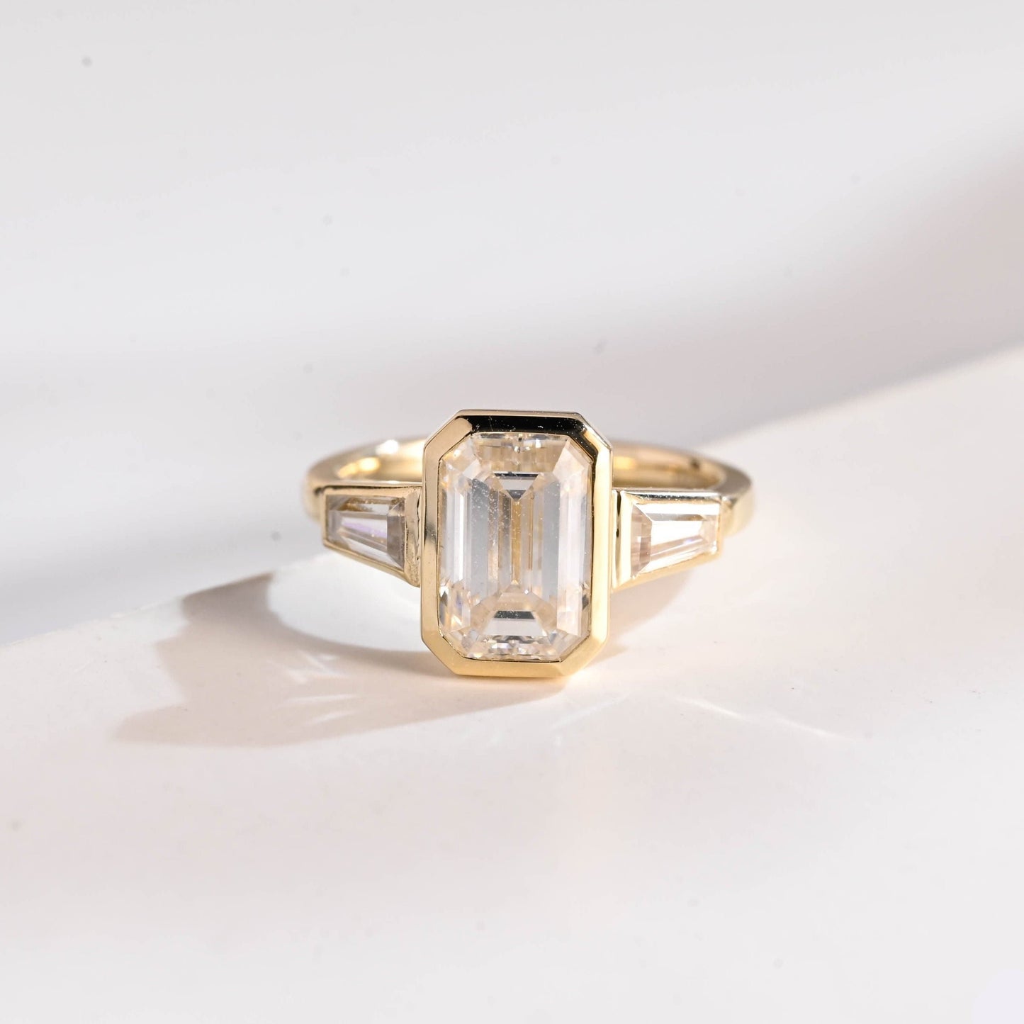 SquareJewelry emerald cut moissanite engagement ring Solid Gold Bezel Three Stone Emerald Cut Moissanite Engagement Ring