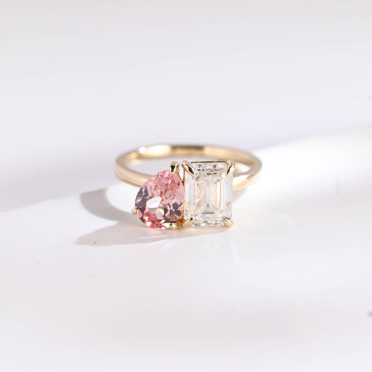 SquareJewelry emerald cut moissanite engagement ring Solid Gold Toi et Moi Emerald Cut Moissanite & Pear Cut Pink Sapphire Engagement Ring