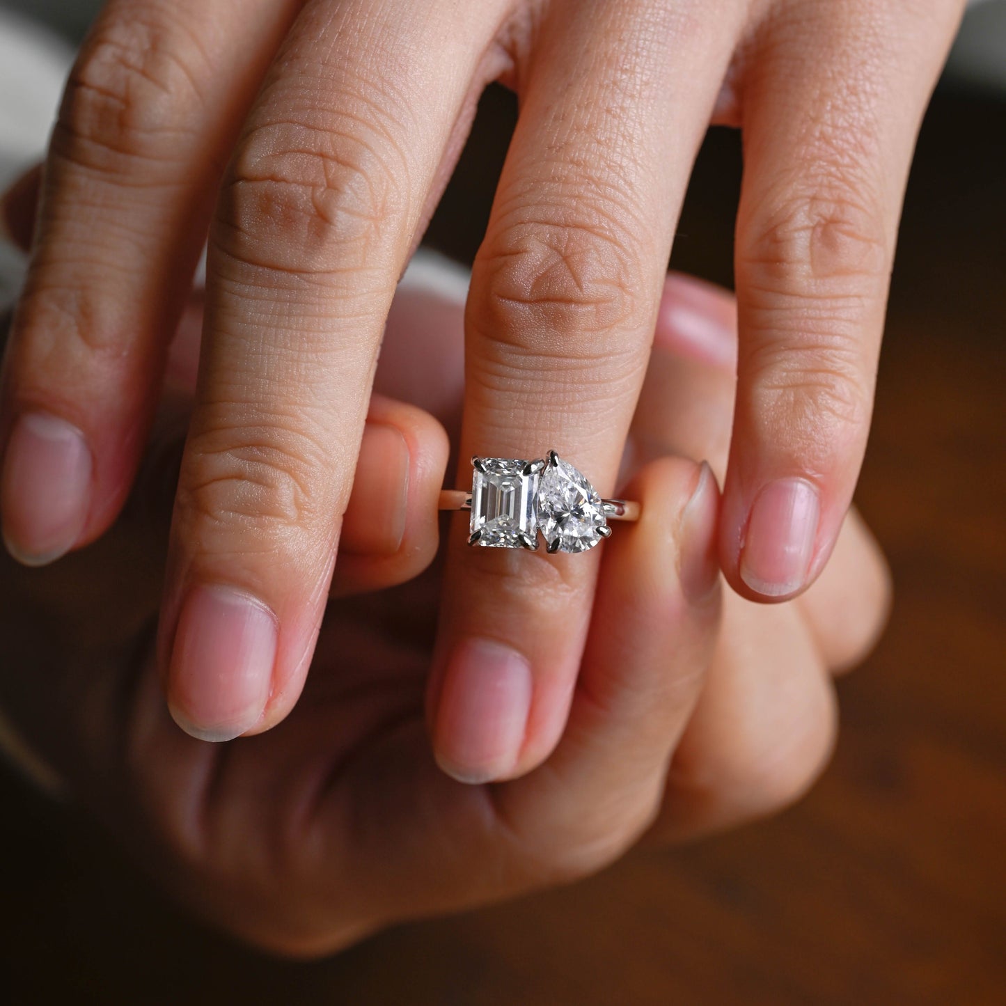 SquareJewelry emerald cut moissanite engagement ring Solid Gold Toi et Moi Emerald Cut & Pear Cut Moissanite Engagement Ring