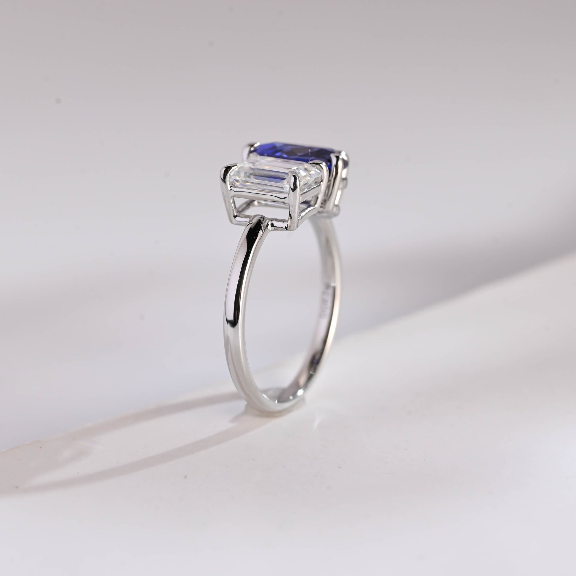 SquareJewelry emerald cut moissanite engagement ring Solid Gold Toi et Moi Emerald Moissanite & Pear Blue Lab Grown Sapphire Engagement Ring