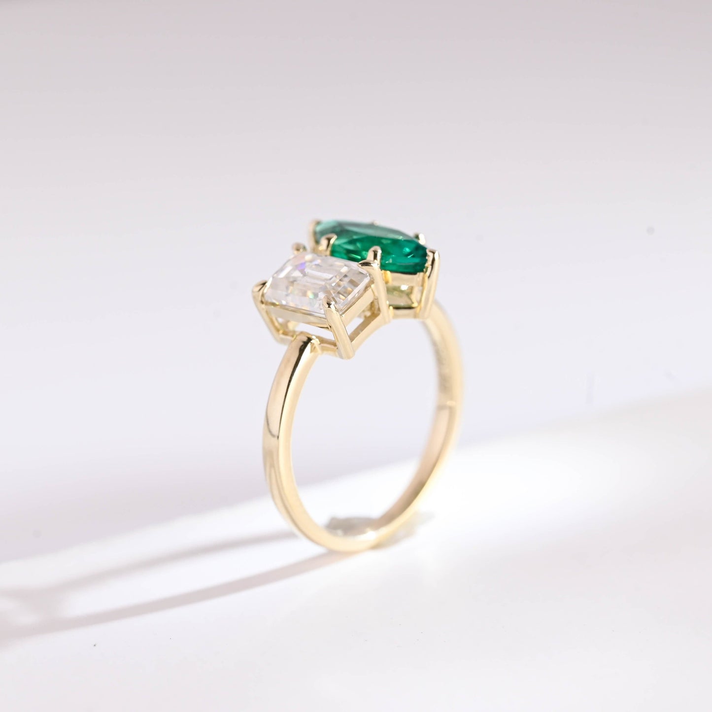 SquareJewelry emerald cut moissanite engagement ring Solid Gold Toi et Moi Marquise Cut Green Moissanite & Emerald Cut Moissanite Engagement Ring