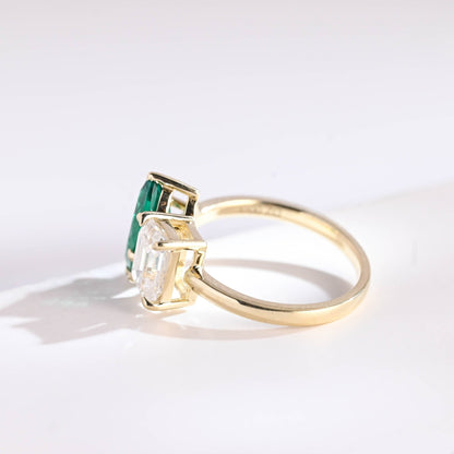 SquareJewelry emerald cut moissanite engagement ring Solid Gold Toi et Moi Marquise Cut Green Moissanite & Emerald Cut Moissanite Engagement Ring