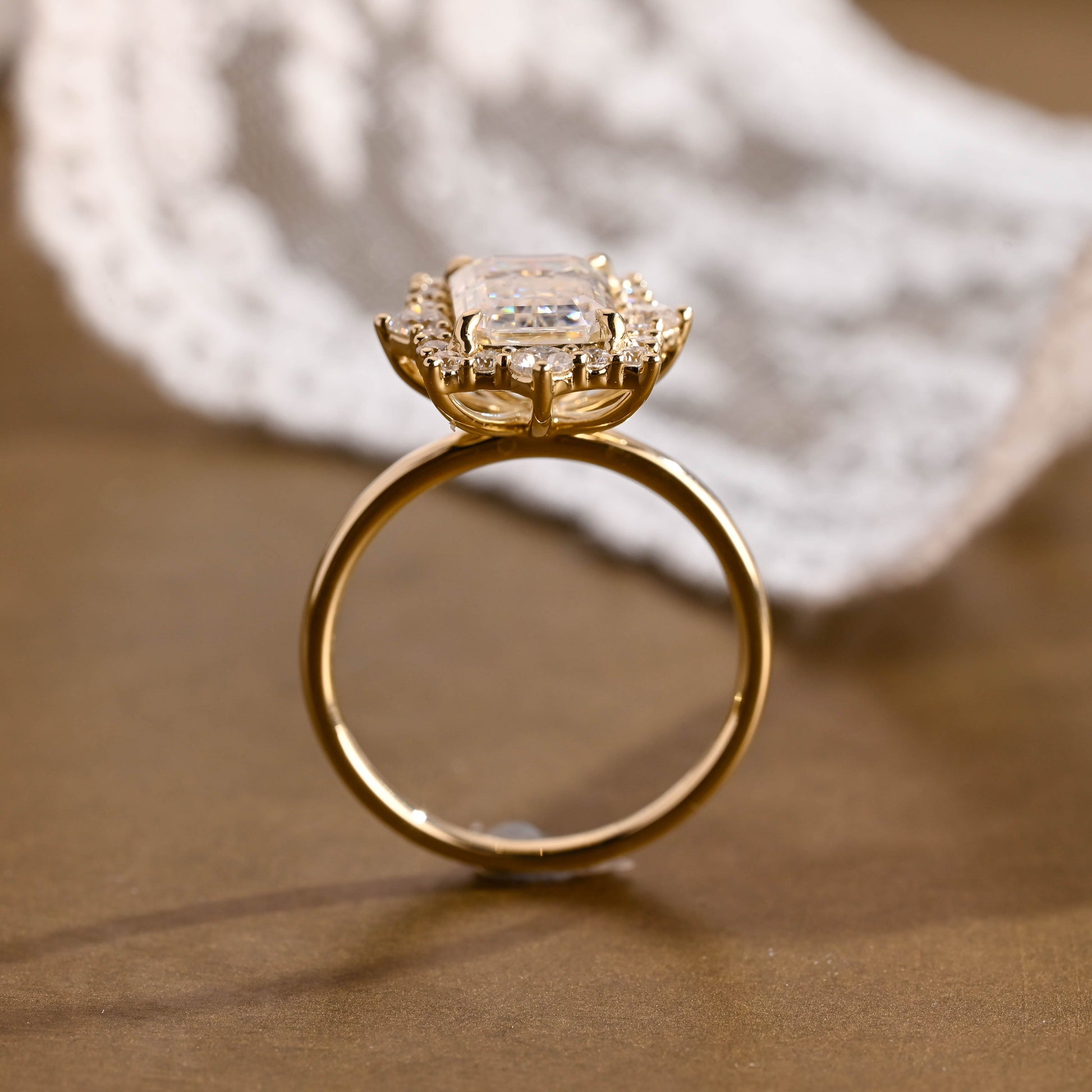 SquareJewelry emerald cut moissanite engagement ring Solid Gold Vintage Style Halo Emerald Cut Moissanite Engagement Ring