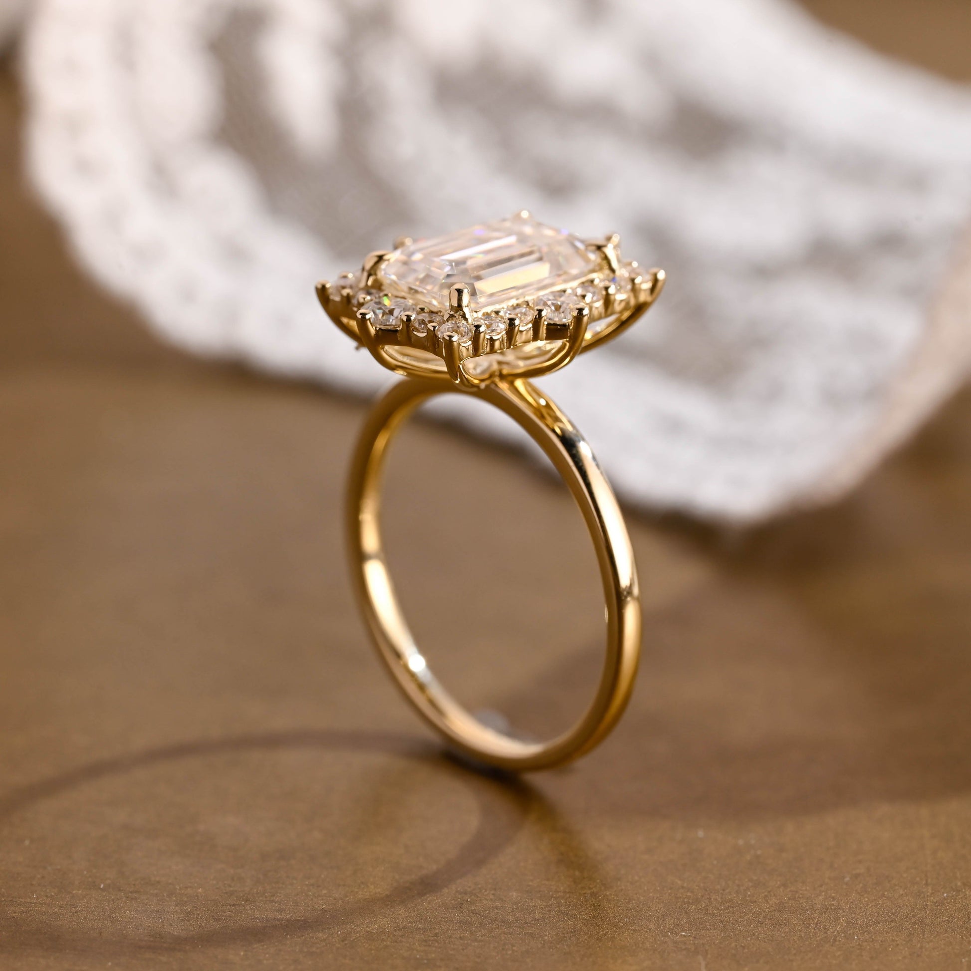 SquareJewelry emerald cut moissanite engagement ring Solid Gold Vintage Style Halo Emerald Cut Moissanite Engagement Ring