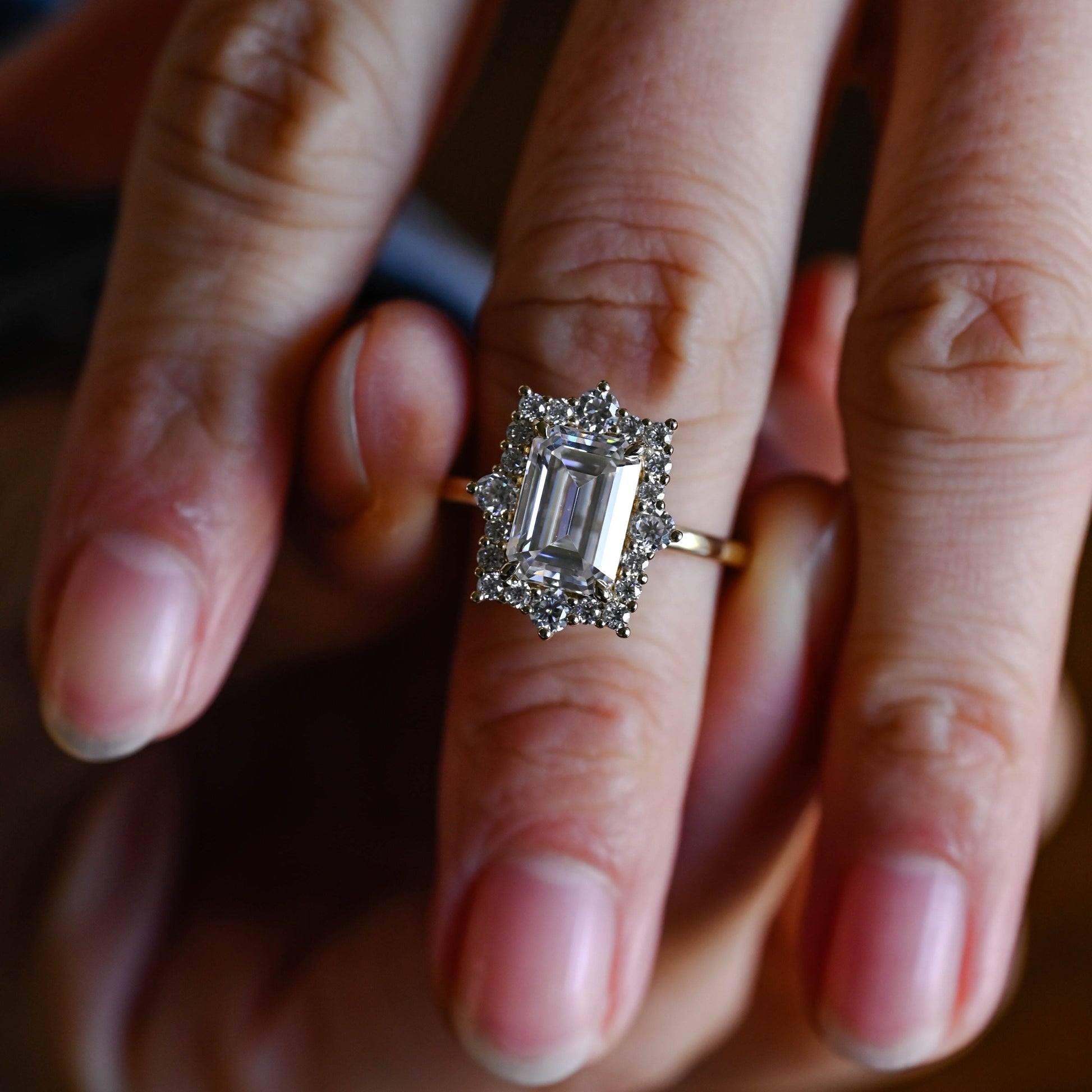 SquareJewelry emerald cut moissanite engagement ring Solid Gold Vintage Style Halo Emerald Cut Moissanite Engagement Ring
