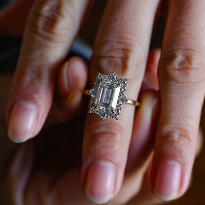 SquareJewelry emerald cut moissanite engagement ring Solid Gold Vintage Style Halo Emerald Cut Moissanite Engagement Ring