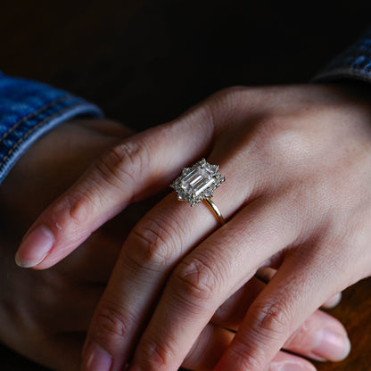 SquareJewelry emerald cut moissanite engagement ring Solid Gold Vintage Style Halo Emerald Cut Moissanite Engagement Ring