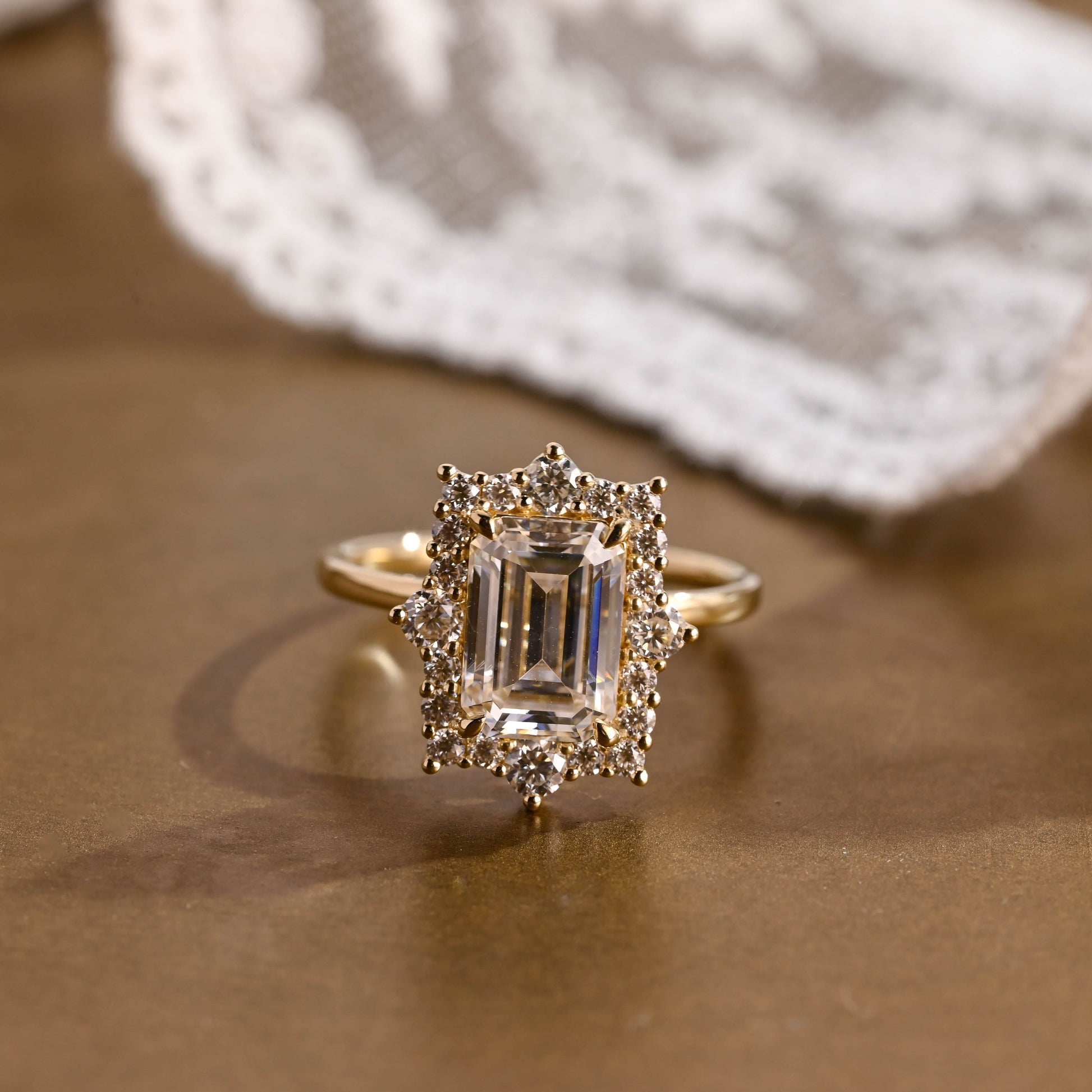 SquareJewelry emerald cut moissanite engagement ring Solid Gold Vintage Style Halo Emerald Cut Moissanite Engagement Ring