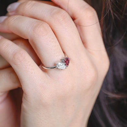 SquareJewelry heart cut moissanite engagement ring Toi et Moi Heart Garnet Color & Pear Moissanite Engagement Ring