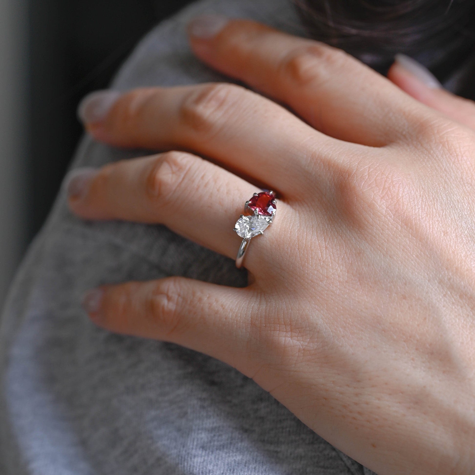 SquareJewelry heart cut moissanite engagement ring Toi et Moi Heart Garnet Color & Pear Moissanite Engagement Ring