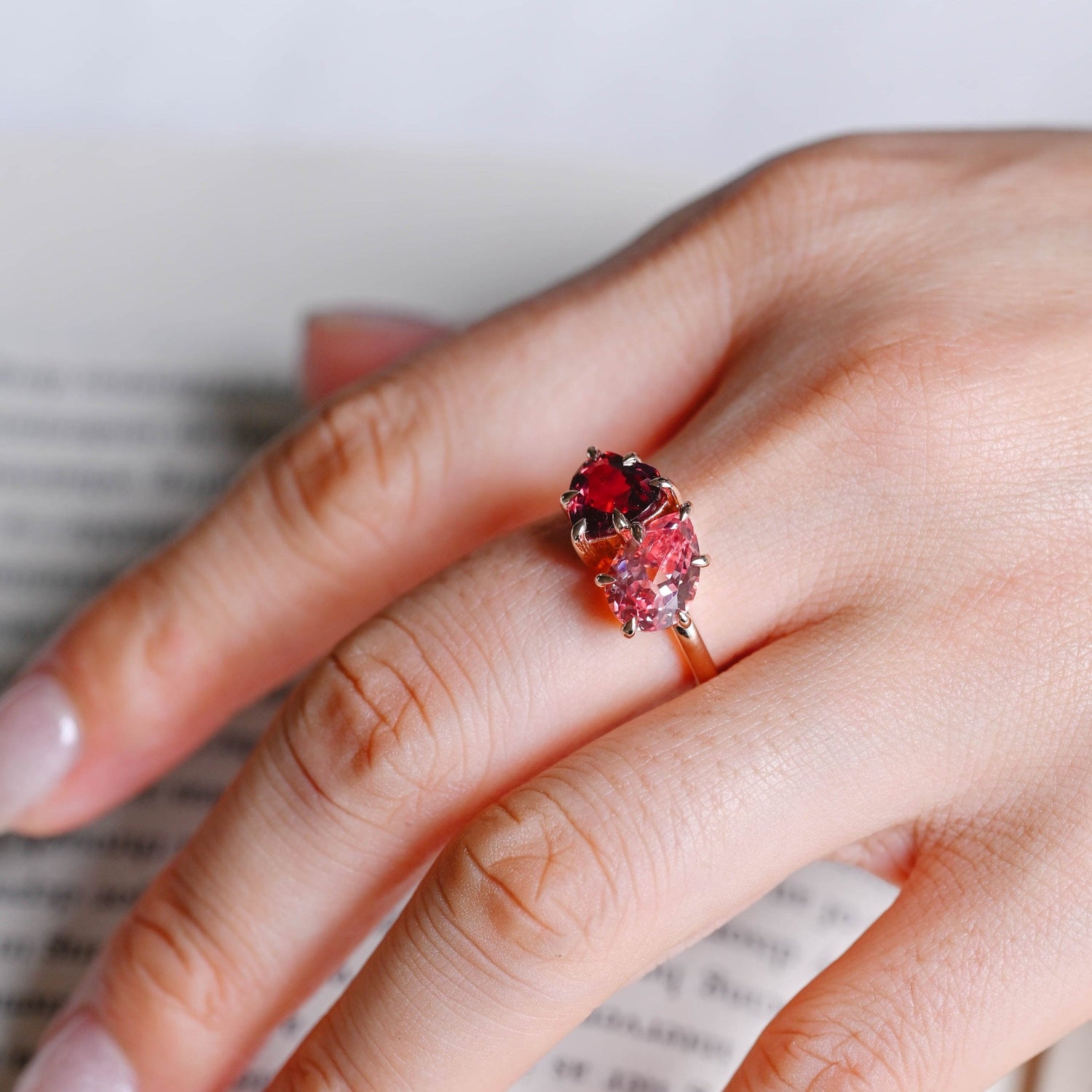 SquareJewelry heart cut moissanite engagement ring Toi et Moi Heart Garnet Color & Pink Pear Moissanite Engagement Ring