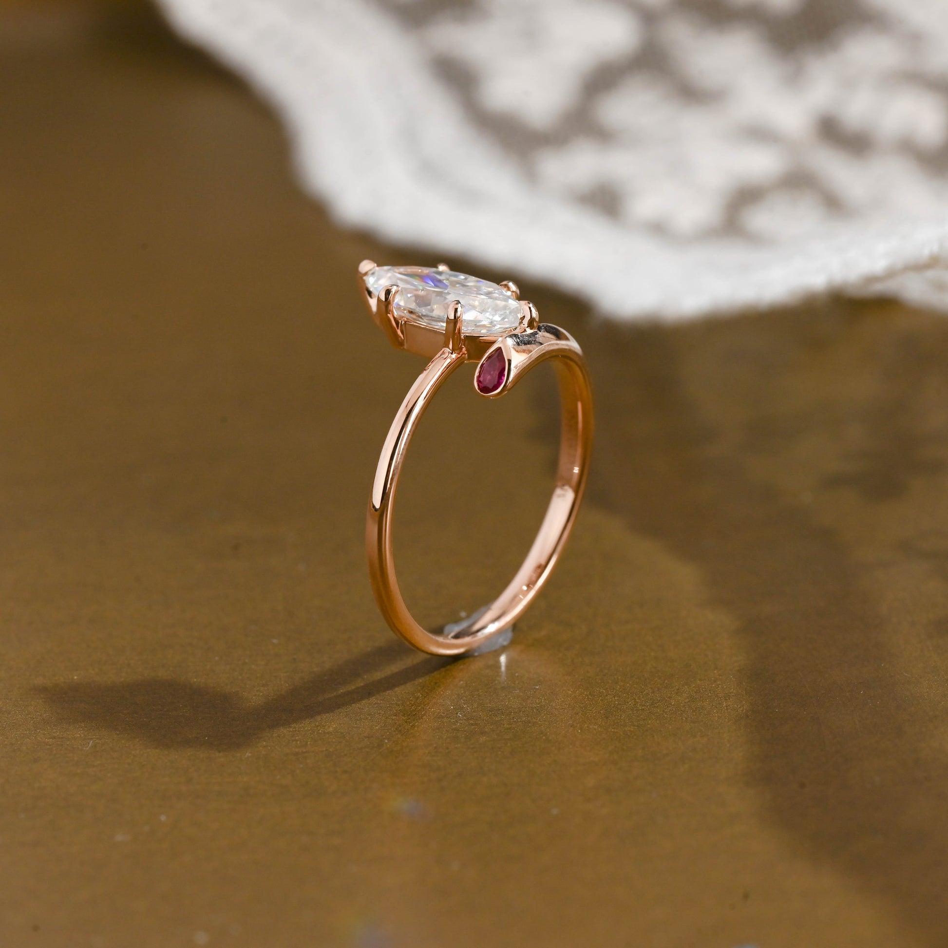SquareJewelry marquise cut moissanite engagement ring Solid Gold Open Shank Marquise Cut Moissanite Engagement Ring with Ruby Stone