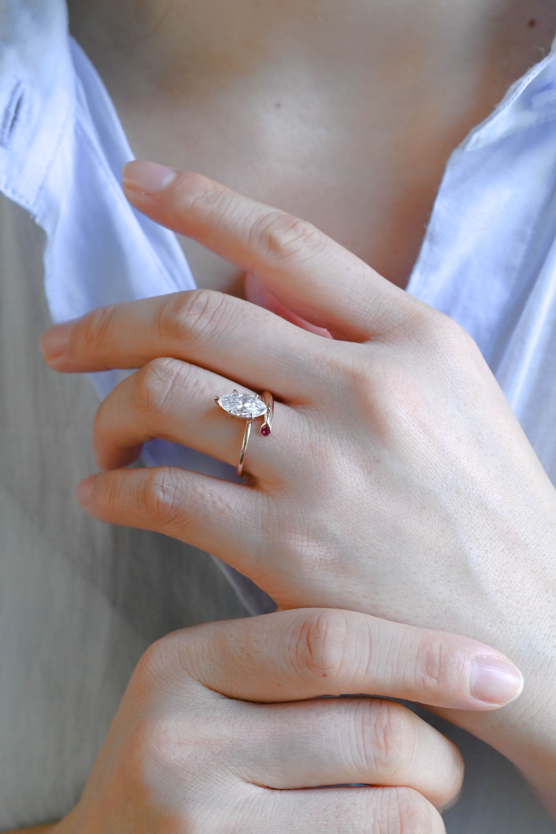 SquareJewelry marquise cut moissanite engagement ring Solid Gold Open Shank Marquise Cut Moissanite Engagement Ring with Ruby Stone