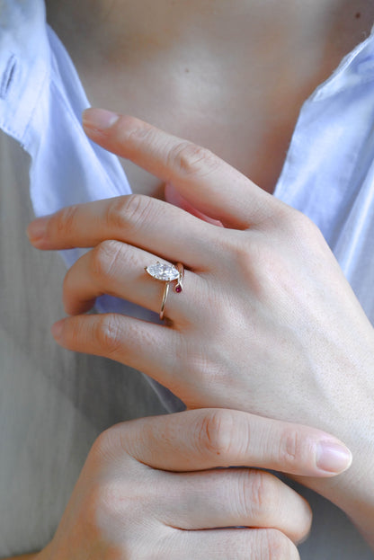SquareJewelry marquise cut moissanite engagement ring Solid Gold Open Shank Marquise Cut Moissanite Engagement Ring with Ruby Stone