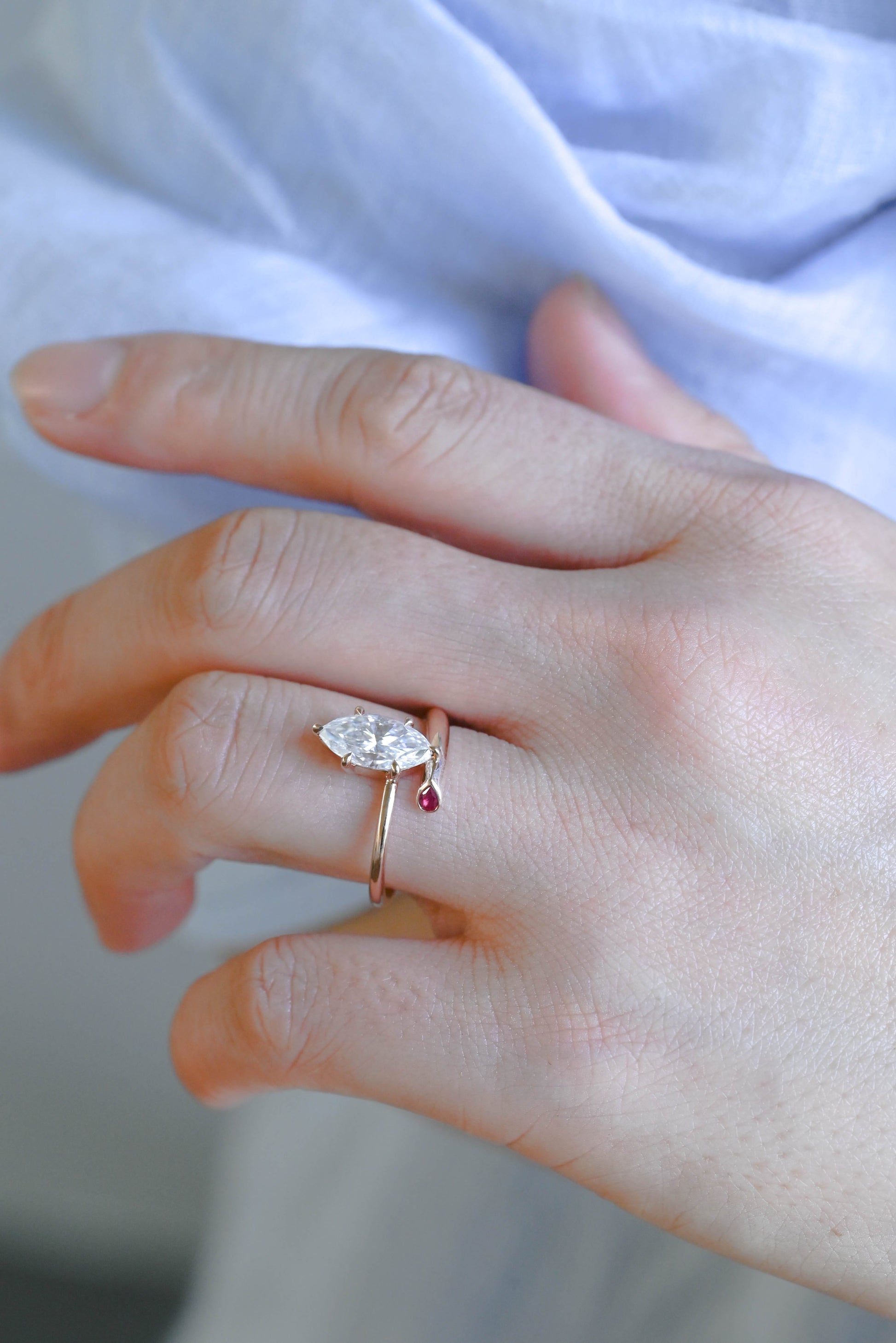 SquareJewelry marquise cut moissanite engagement ring Solid Gold Open Shank Marquise Cut Moissanite Engagement Ring with Ruby Stone