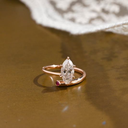 SquareJewelry marquise cut moissanite engagement ring Solid Gold Open Shank Marquise Cut Moissanite Engagement Ring with Ruby Stone