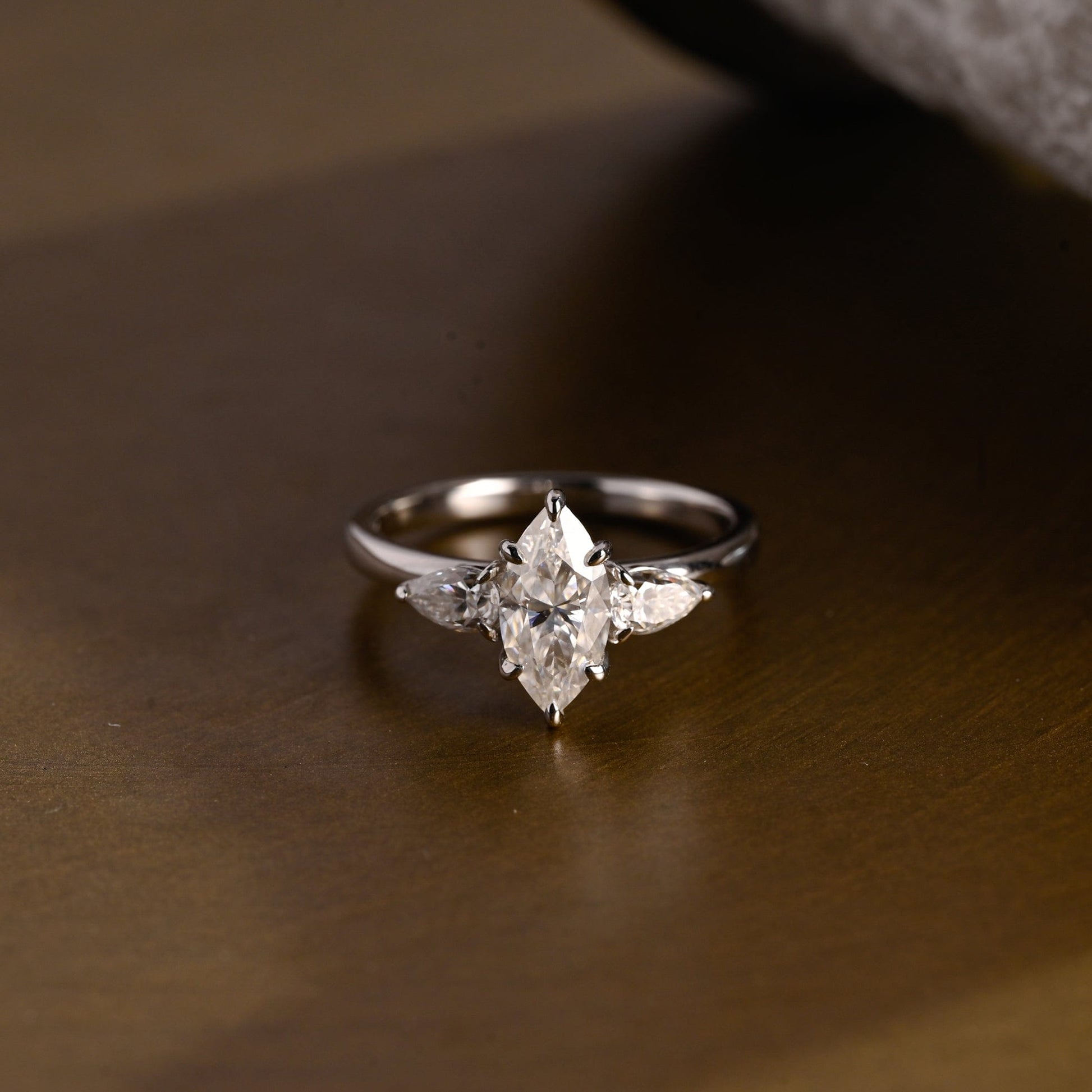 SquareJewelry marquise cut moissanite engagement ring Solid Gold Three Stone Marquise Cut Moissanite Engagement Ring