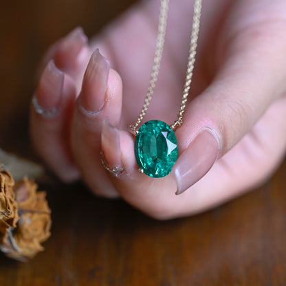 SquareJewelry necklace Solid Gold Classic Oval Lab Grown Emerald Solitaire Pendant