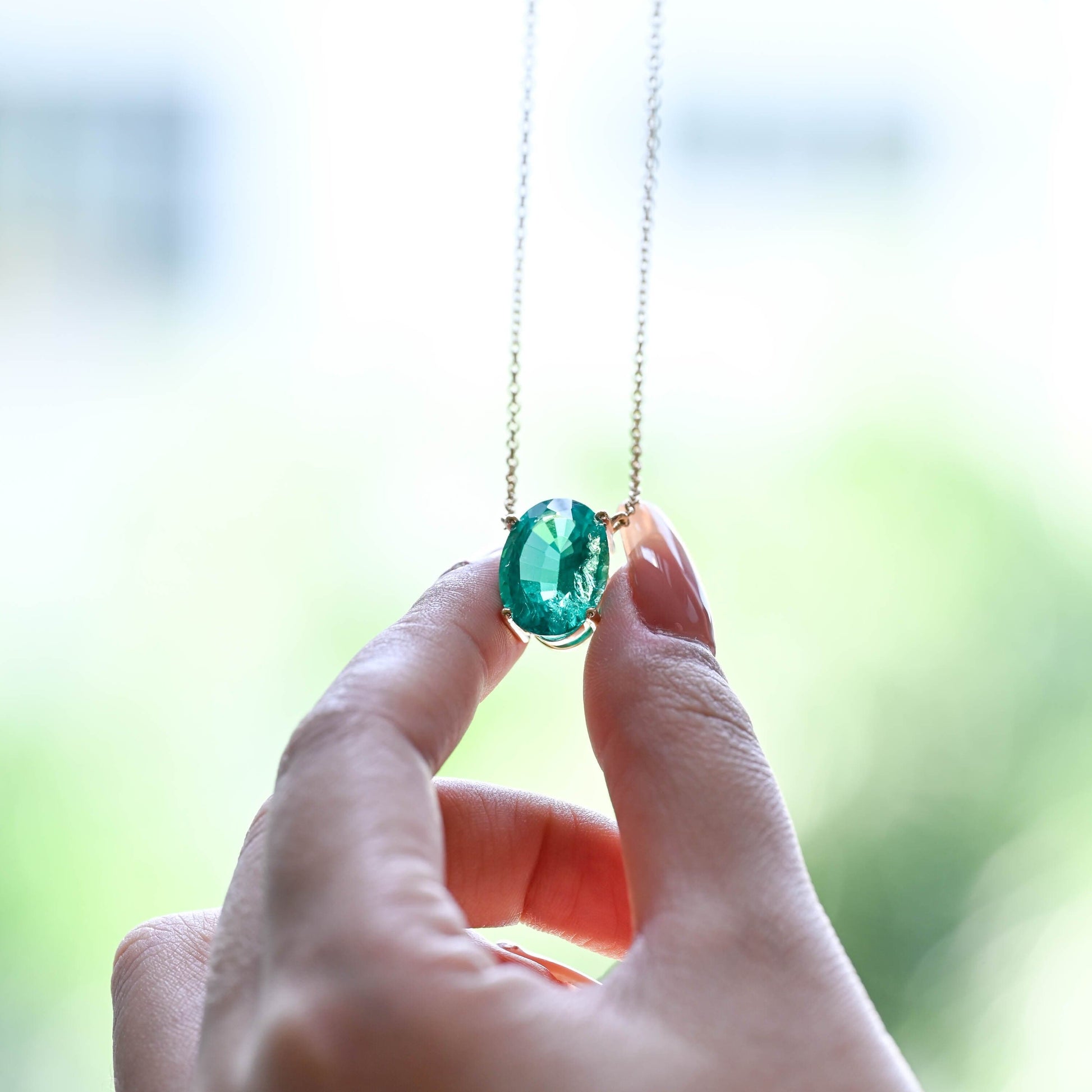SquareJewelry necklace Solid Gold Classic Oval Lab Grown Emerald Solitaire Pendant