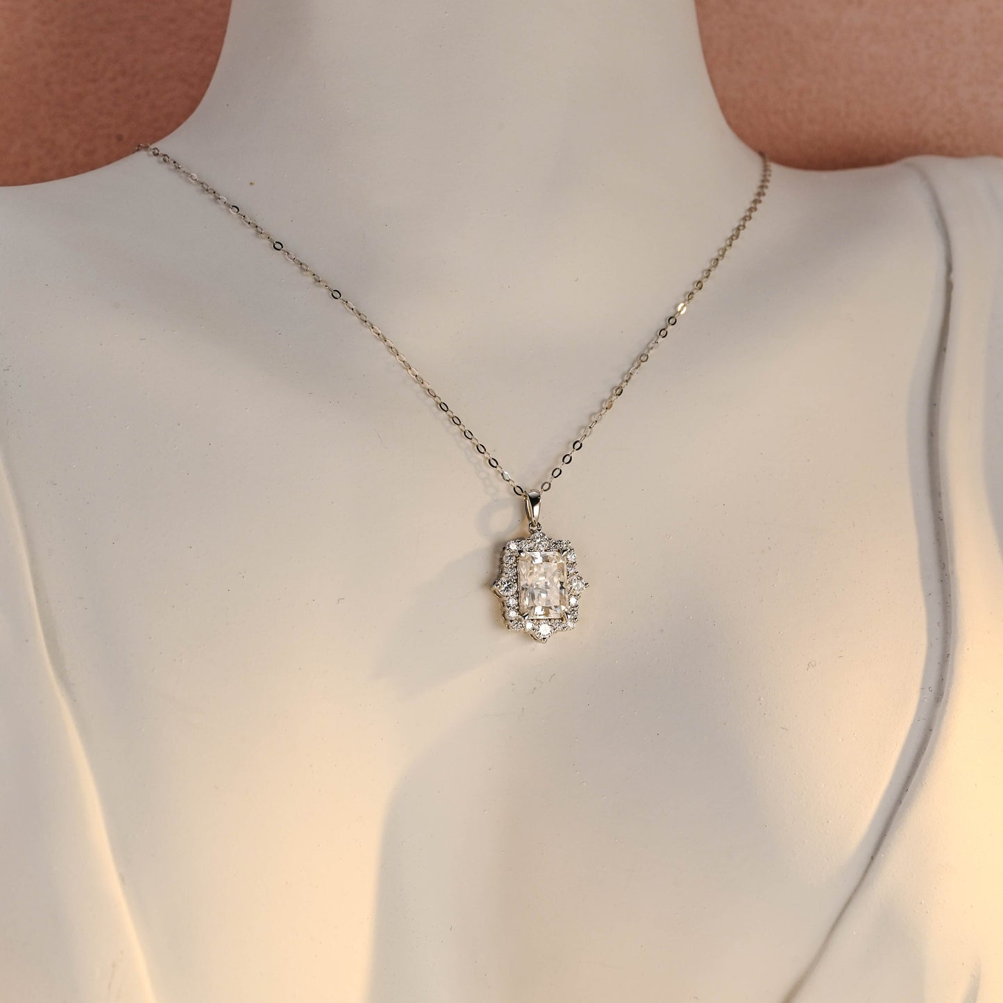 SquareJewelry necklace Solid Gold Radiant Cut Moissanite Pendant, Halo Wedding Necklace