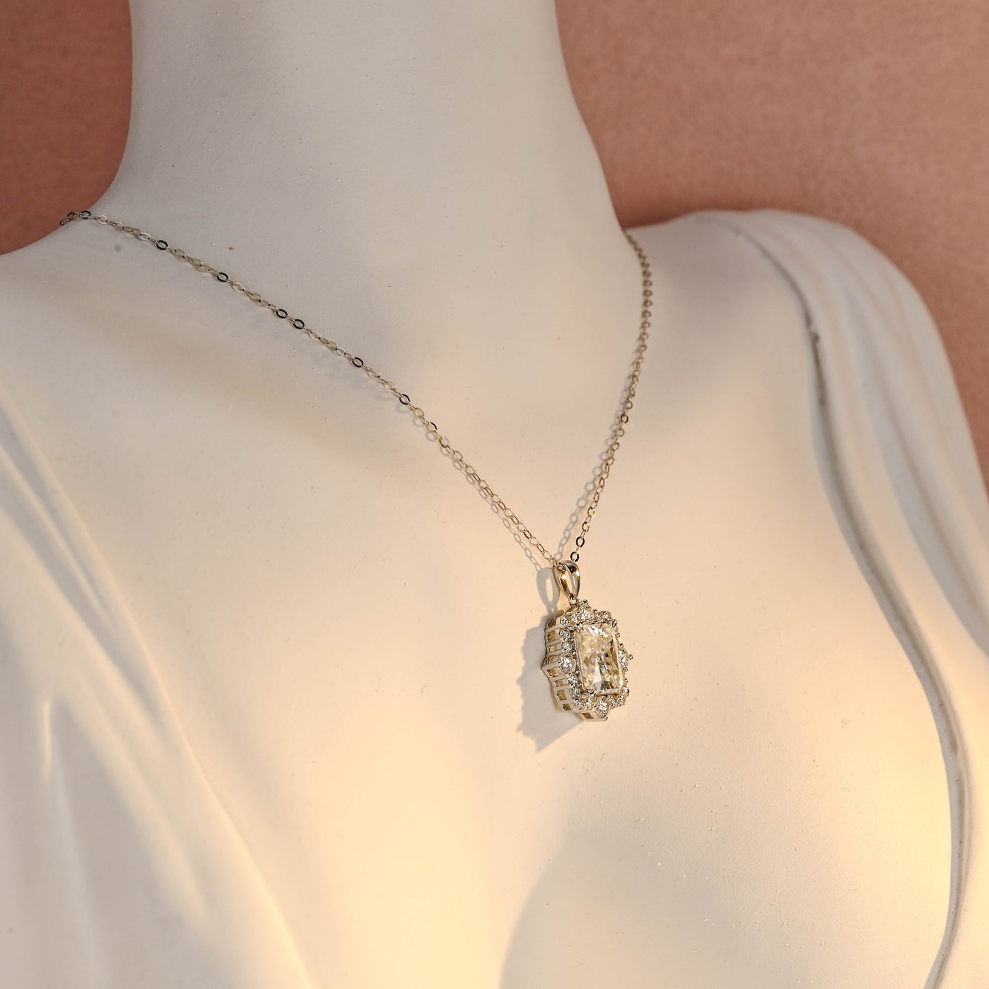 SquareJewelry necklace Solid Gold Radiant Cut Moissanite Pendant, Halo Wedding Necklace