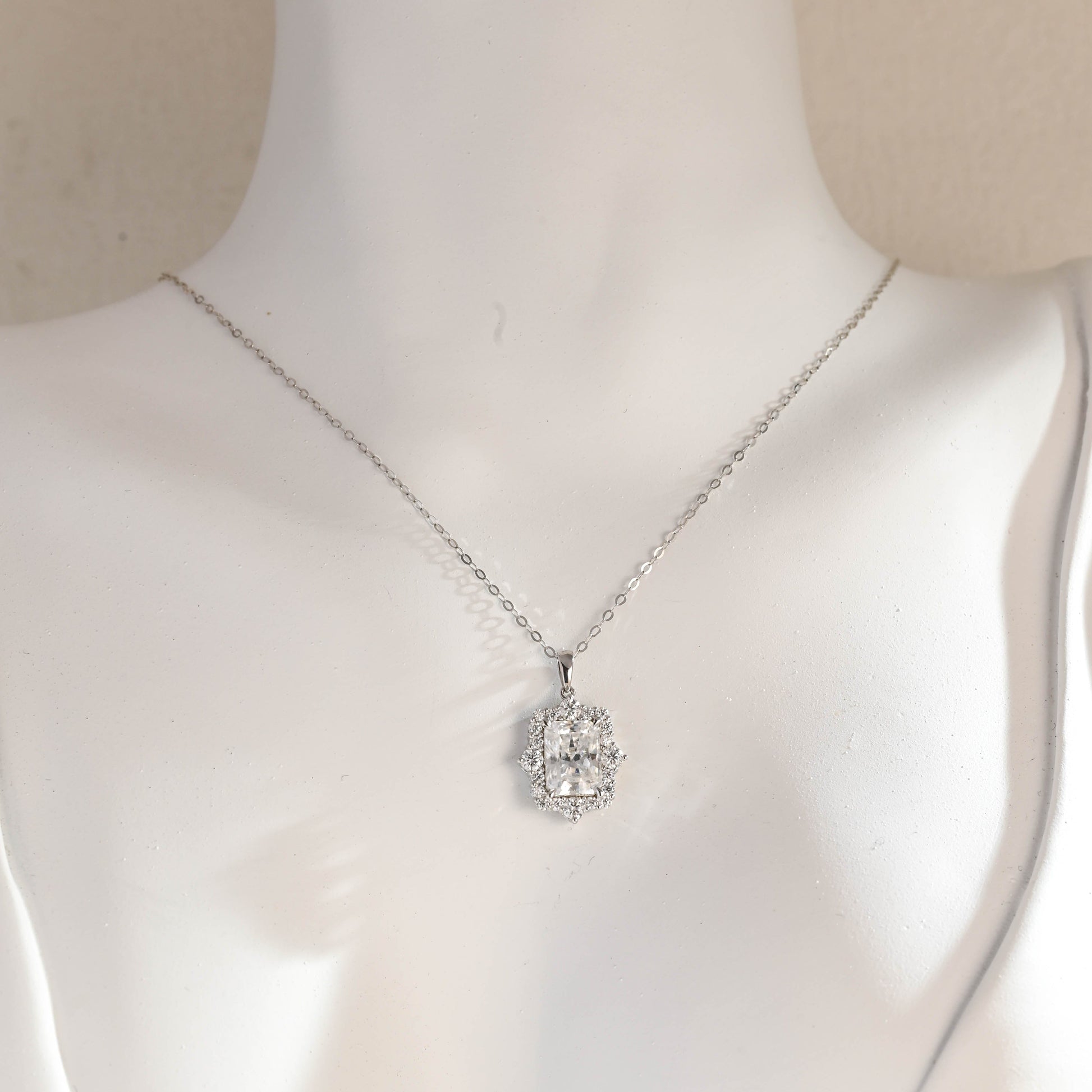 SquareJewelry necklace Solid Gold Radiant Cut Moissanite Pendant, Halo Wedding Necklace