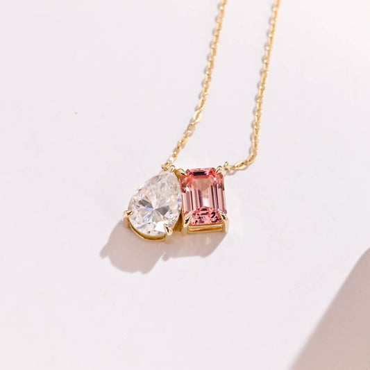 SquareJewelry necklace Toi et Moi Pink Emerald Cut & Pear Cut Moissanite Pendant