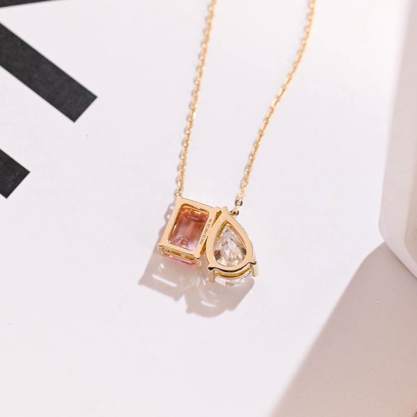 SquareJewelry necklace Toi et Moi Pink Emerald Cut & Pear Cut Moissanite Pendant