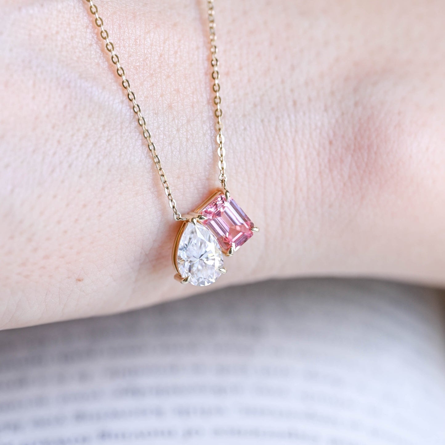 SquareJewelry necklace Toi et Moi Pink Emerald Cut & Pear Cut Moissanite Pendant