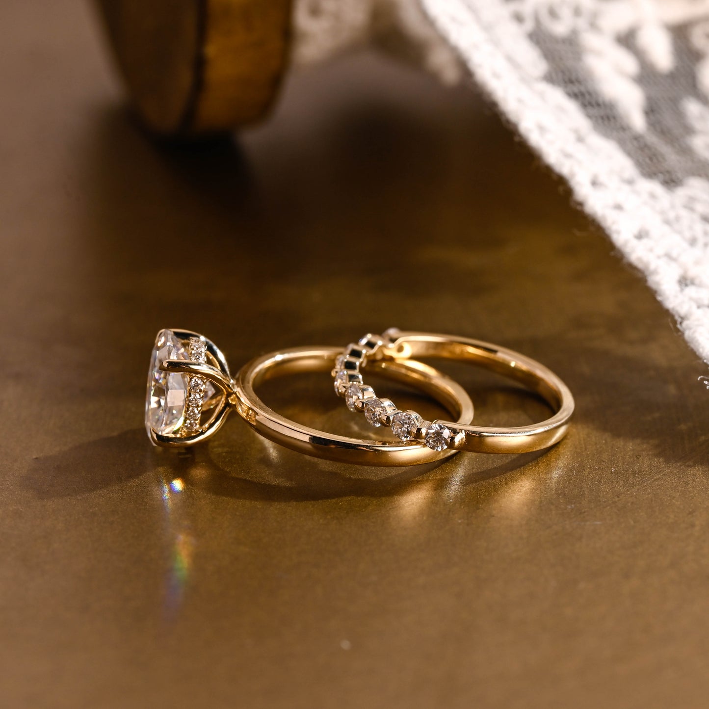 SquareJewelry oval cut bridal set Solid Gold Classic Hidden Halo Oval Moissanite Engagement Ring Set