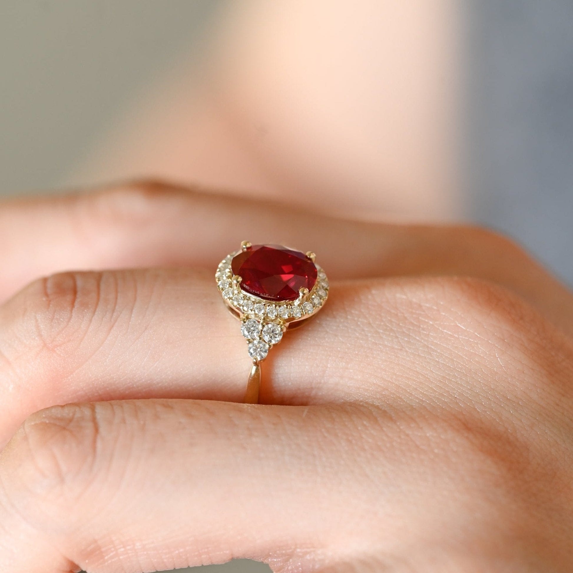 SquareJewelry oval cut lab grown ruby engagement ring Solid Gold Halo Oval Lab Grown Ruby Engagement Ring