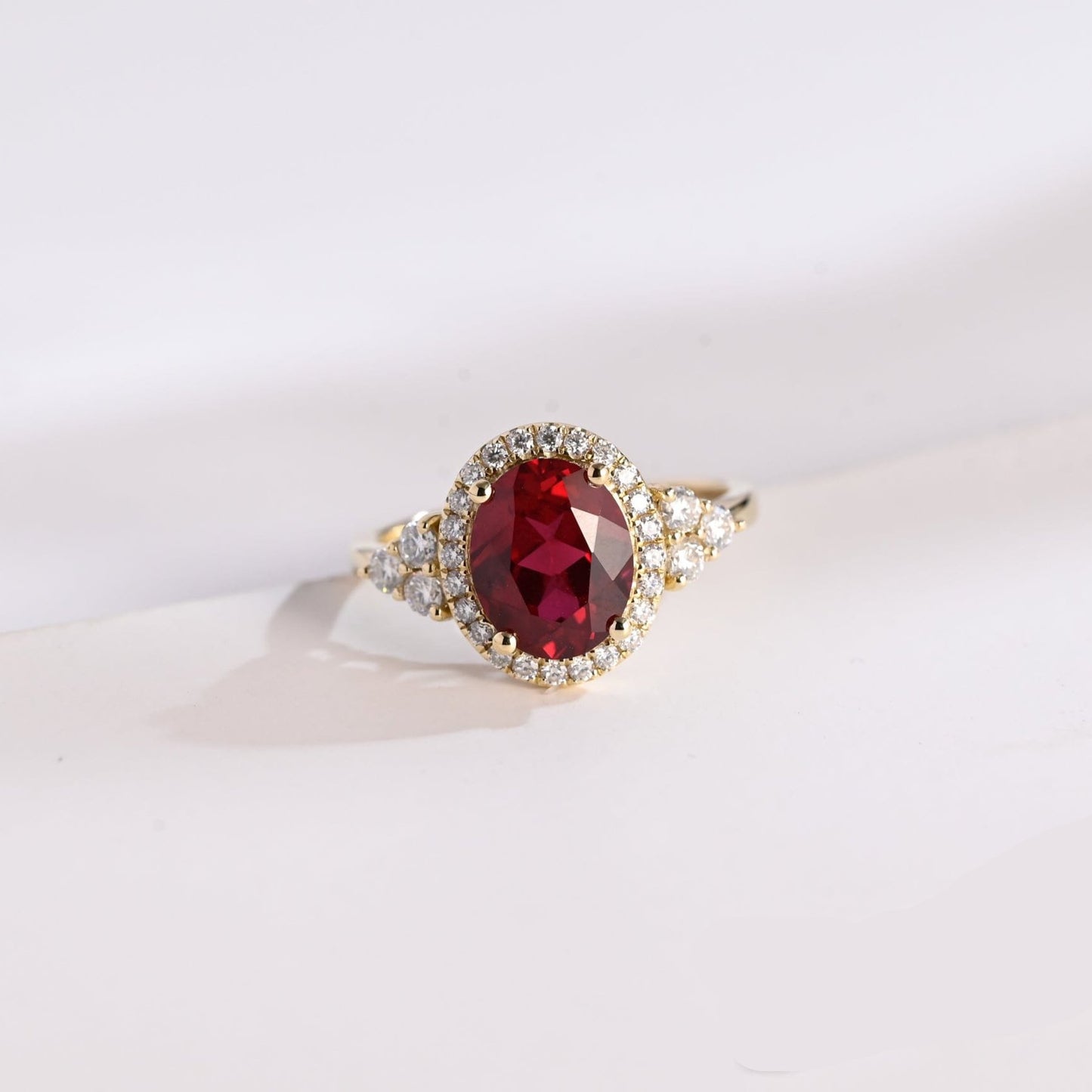 SquareJewelry oval cut lab grown ruby engagement ring Solid Gold Halo Oval Lab Grown Ruby Engagement Ring