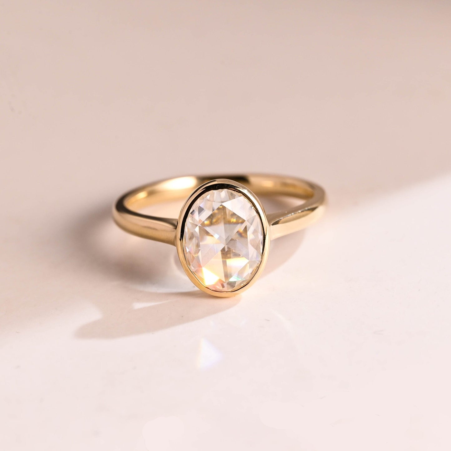 SquareJewelry oval cut moissanite engagement ring Solid Gold Bezel Cathedral Rose Cut Oval Moissanite Engagement Ring