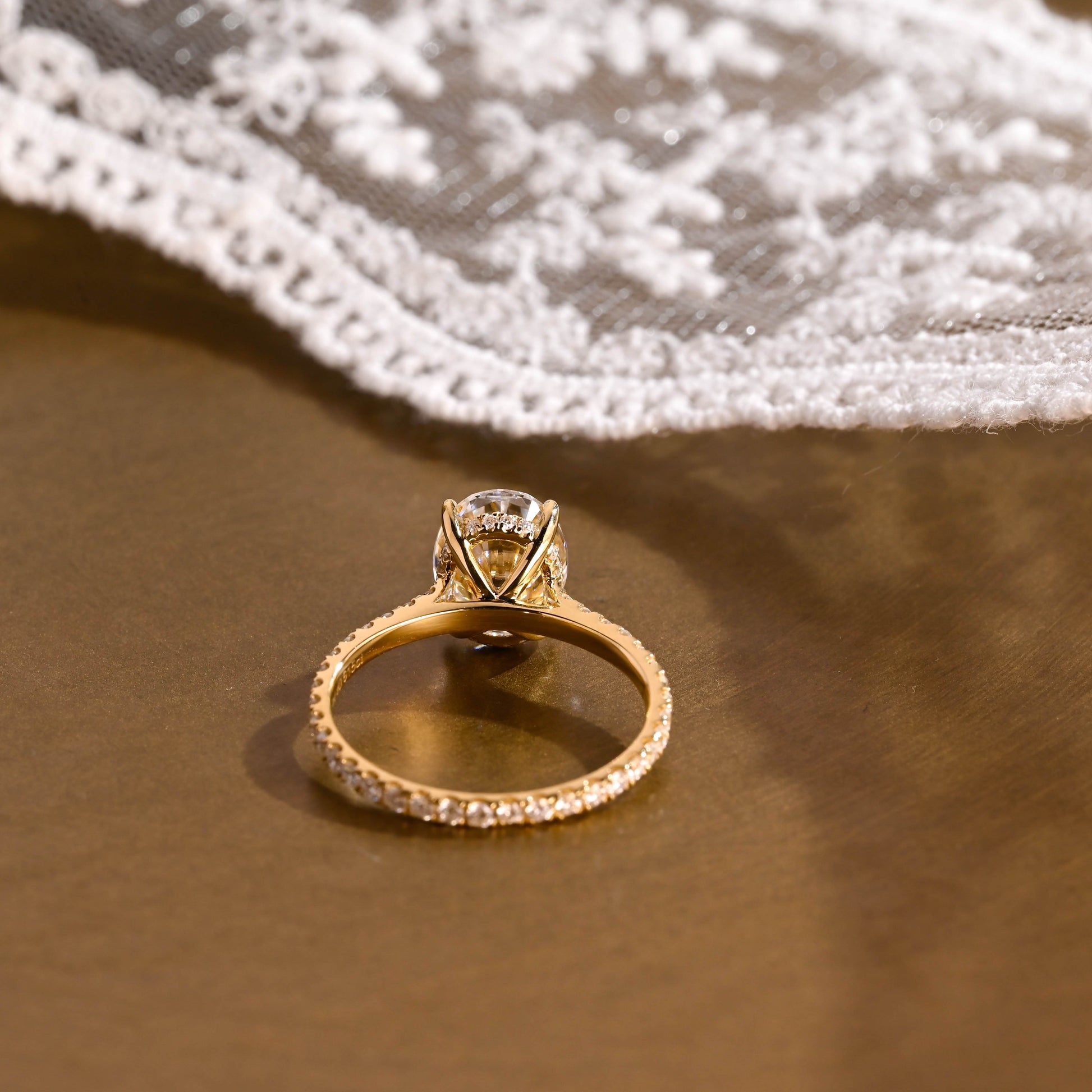 Solid Gold Cathedral Hidden Halo Oval Cut Moissanite Engagement